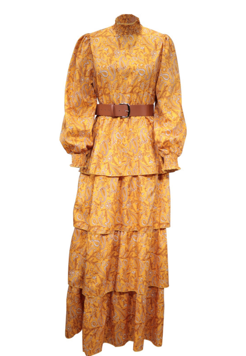 Shirred High Neck Paisley Dress