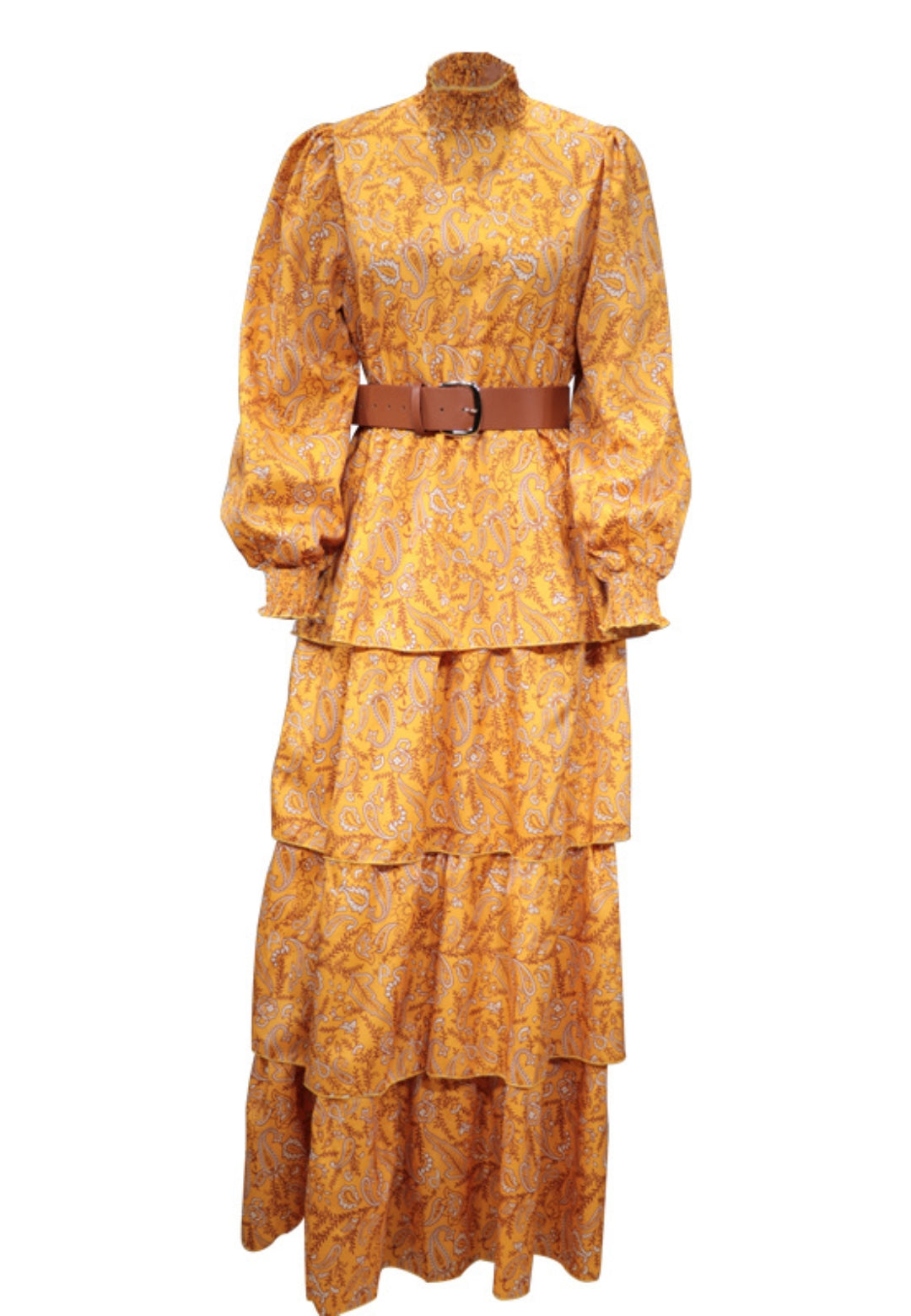 Shirred High Neck Paisley Dress