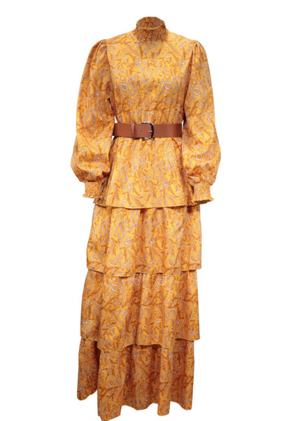 Shirred High Neck Paisley Dress