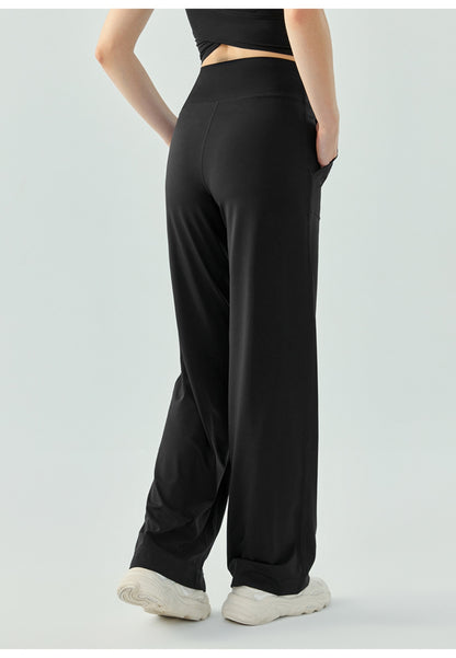 Pantalones de yoga deportivos de cintura alta con cordón y sueltos de color sólido para mujer