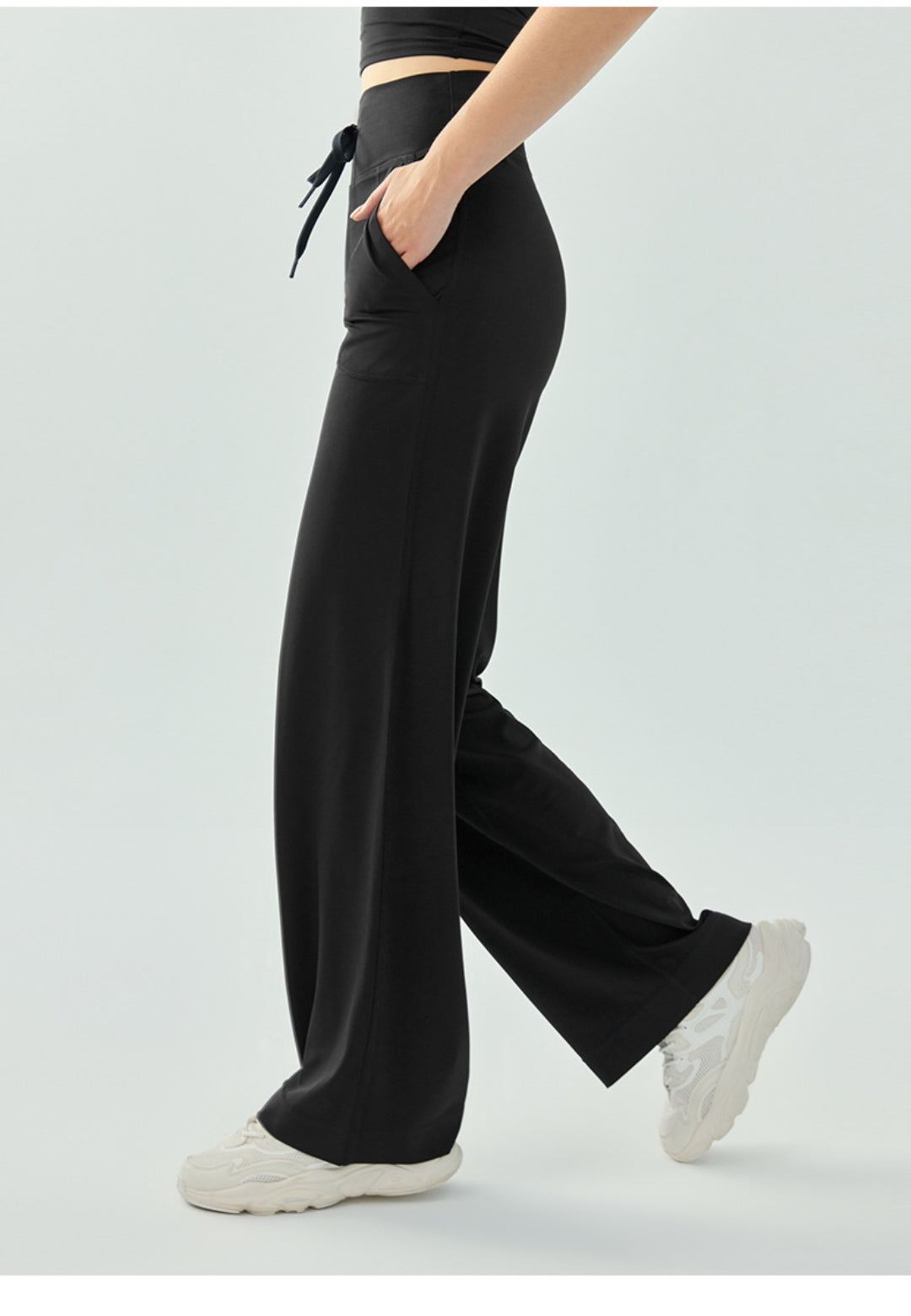 Pantalones de yoga deportivos de cintura alta con cordón y sueltos de color sólido para mujer