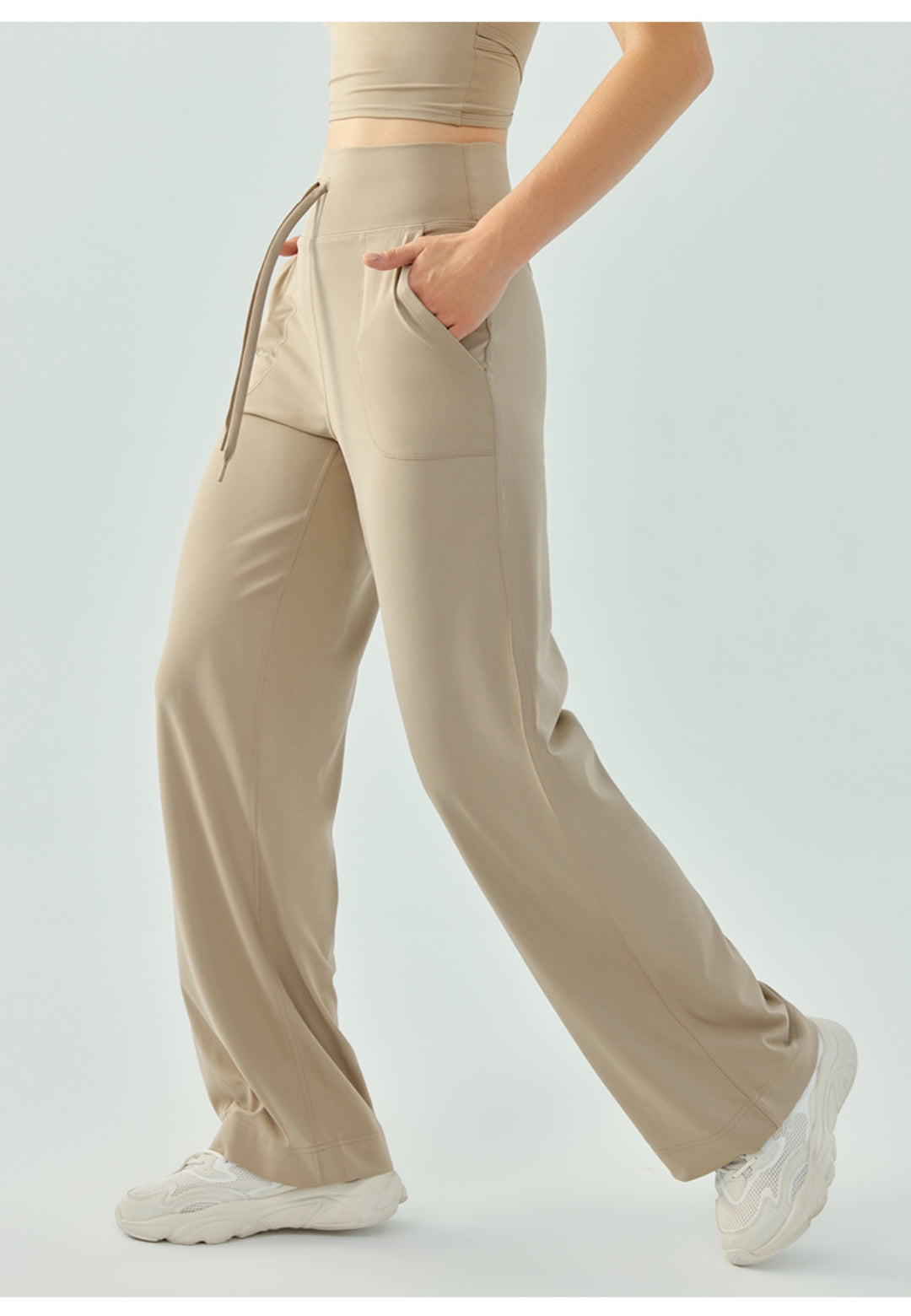 Pantalones de yoga deportivos de cintura alta con cordón y sueltos de color sólido para mujer