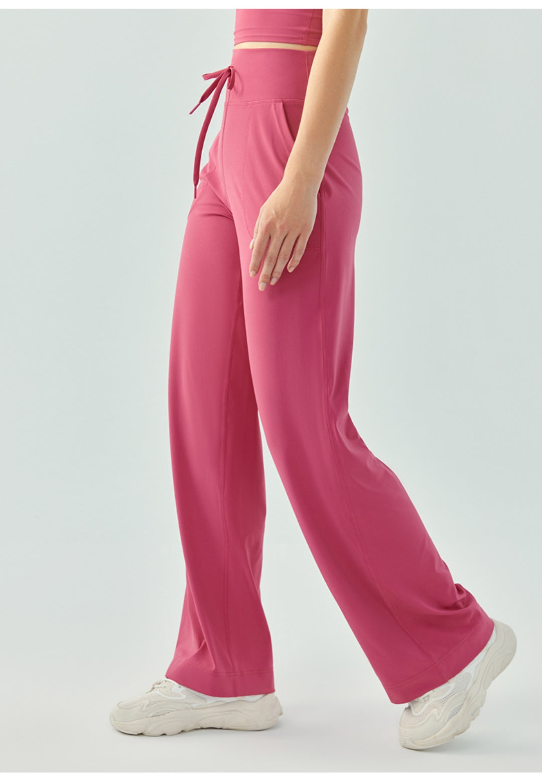 Pantalones de yoga deportivos de cintura alta con cordón y sueltos de color sólido para mujer