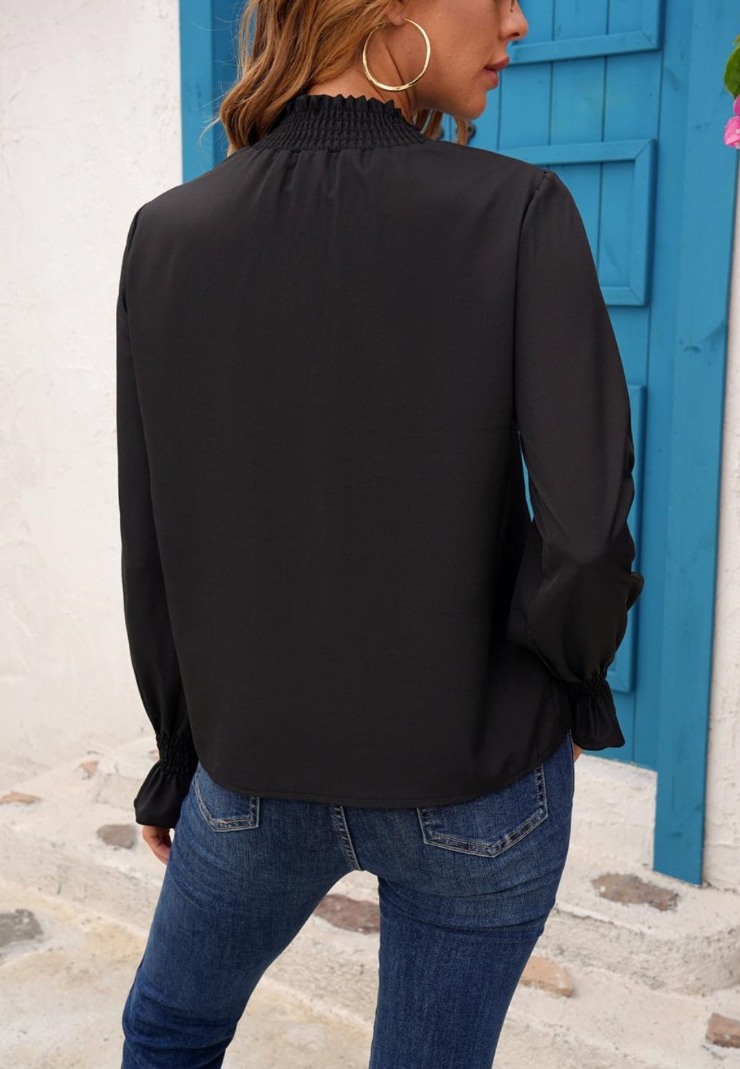 Shirred Neck Pleated Detail Blouse