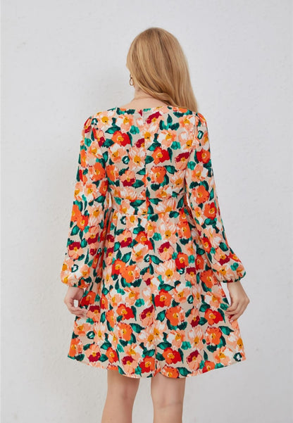 V Neck Multicolor Floral Dress