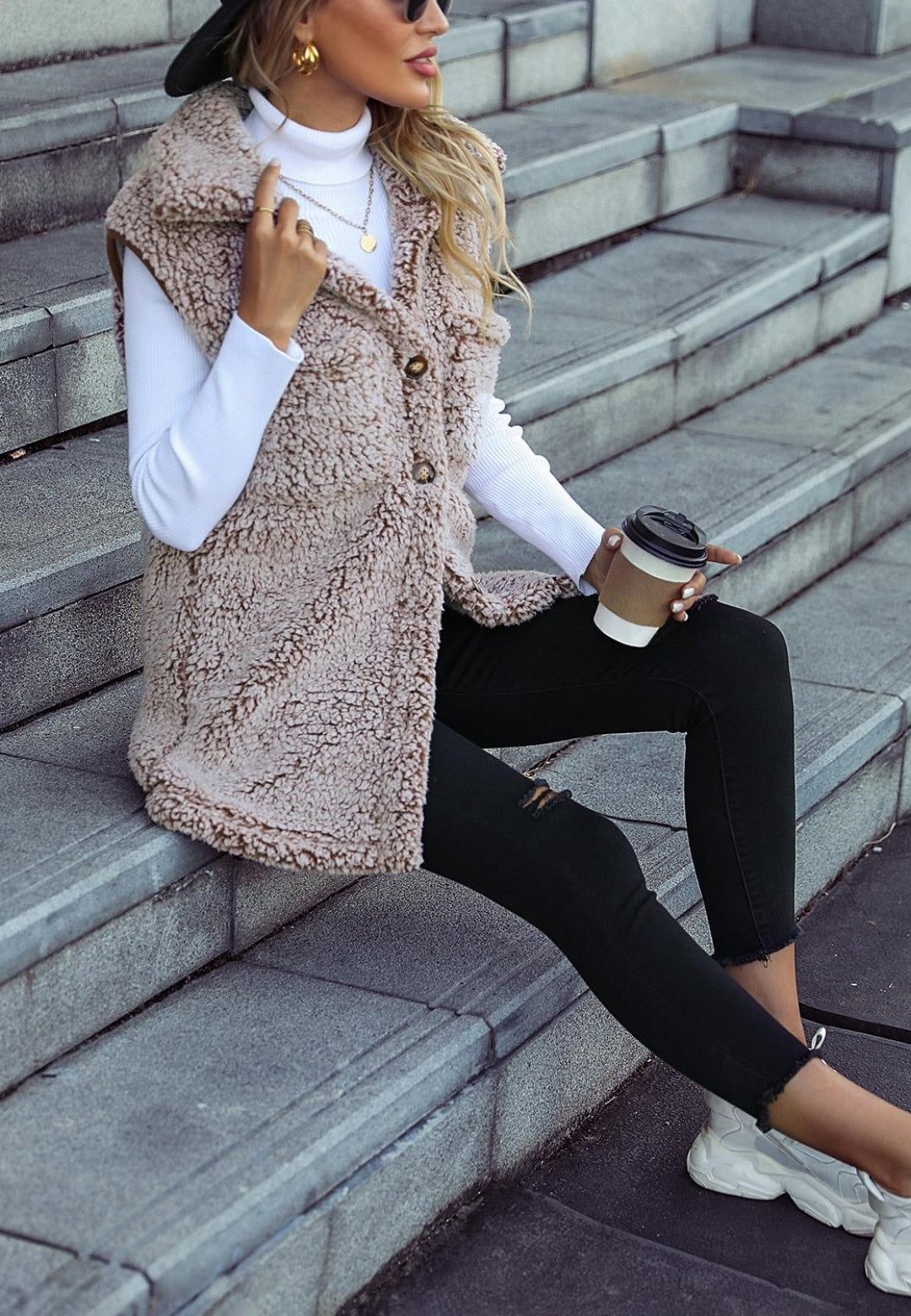 Collared Button Front Teddy Vest