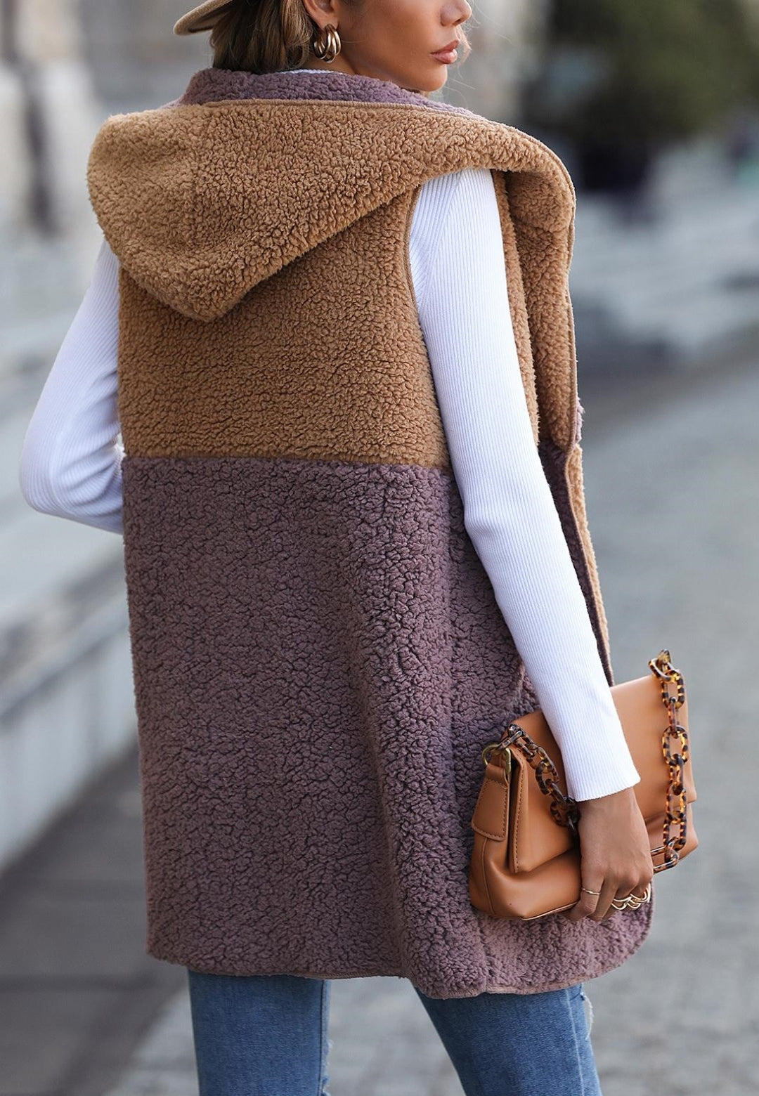 Two Tone Open Front Patch Pocket Hooded Teddy Vest for Women