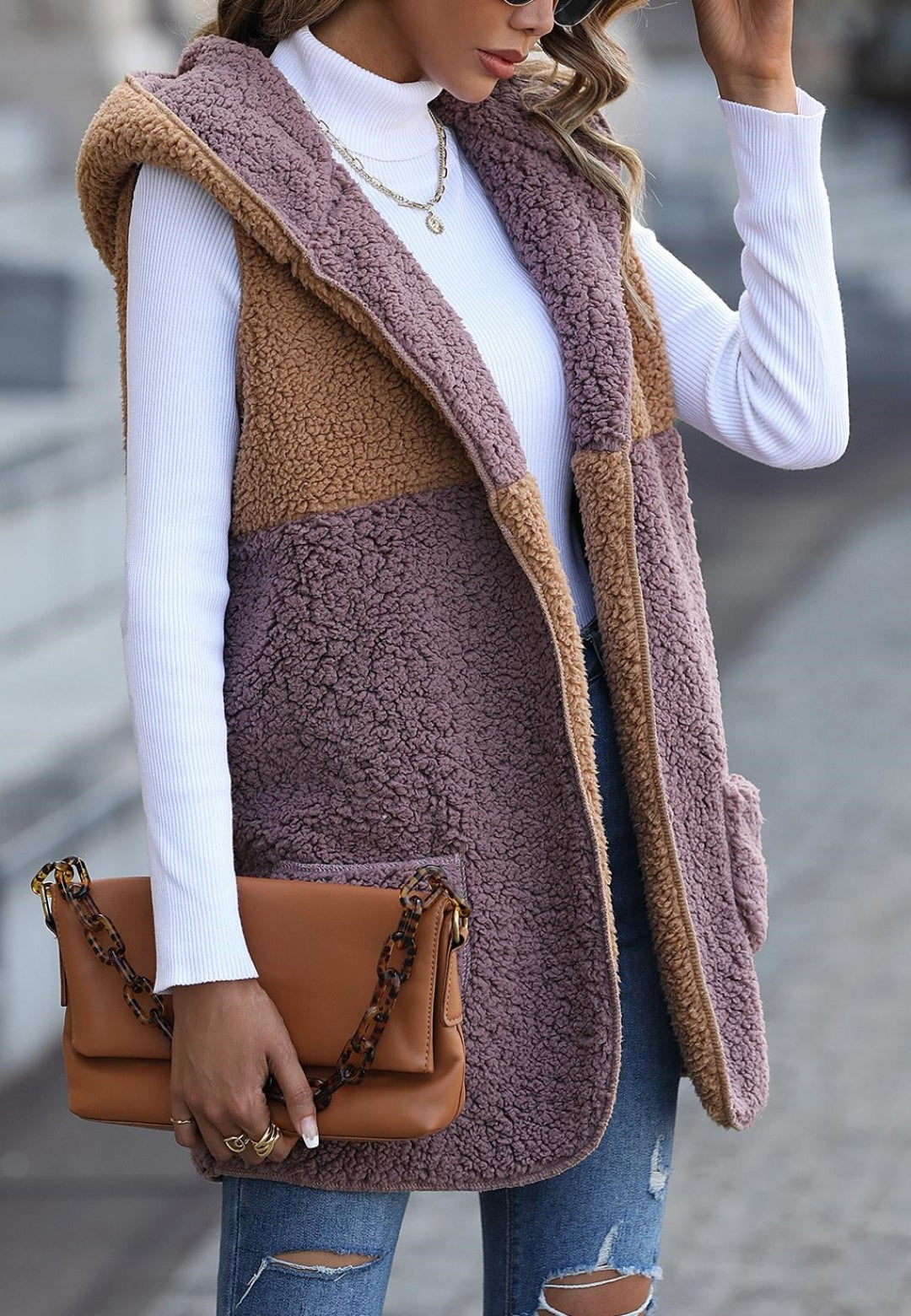 Two Tone Open Front Patch Pocket Hooded Teddy Vest for Women