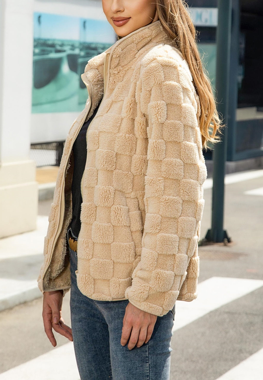 Checkered Pattern Fuzzy Jacket