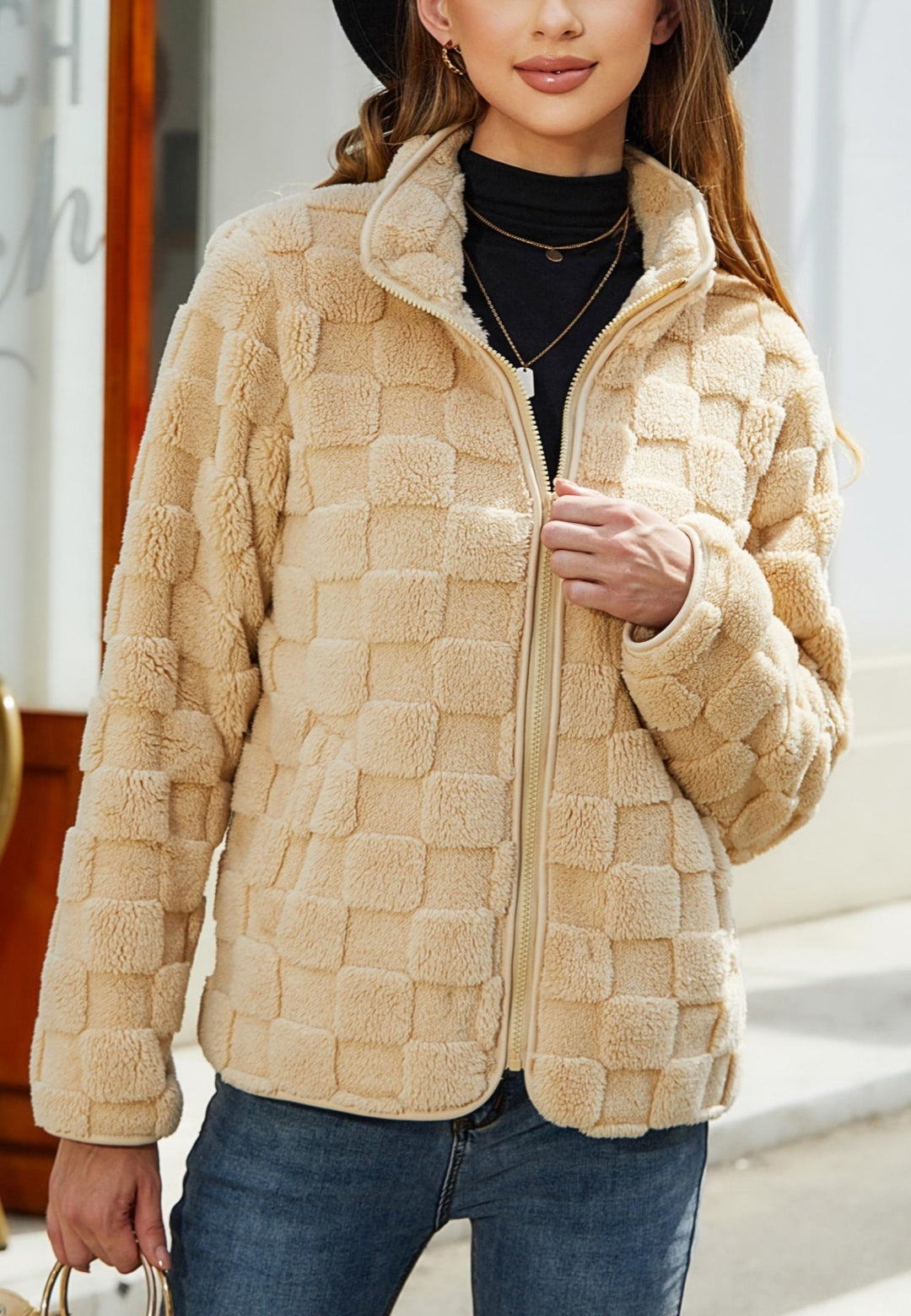 Chaqueta afelpada con estampado de cuadros