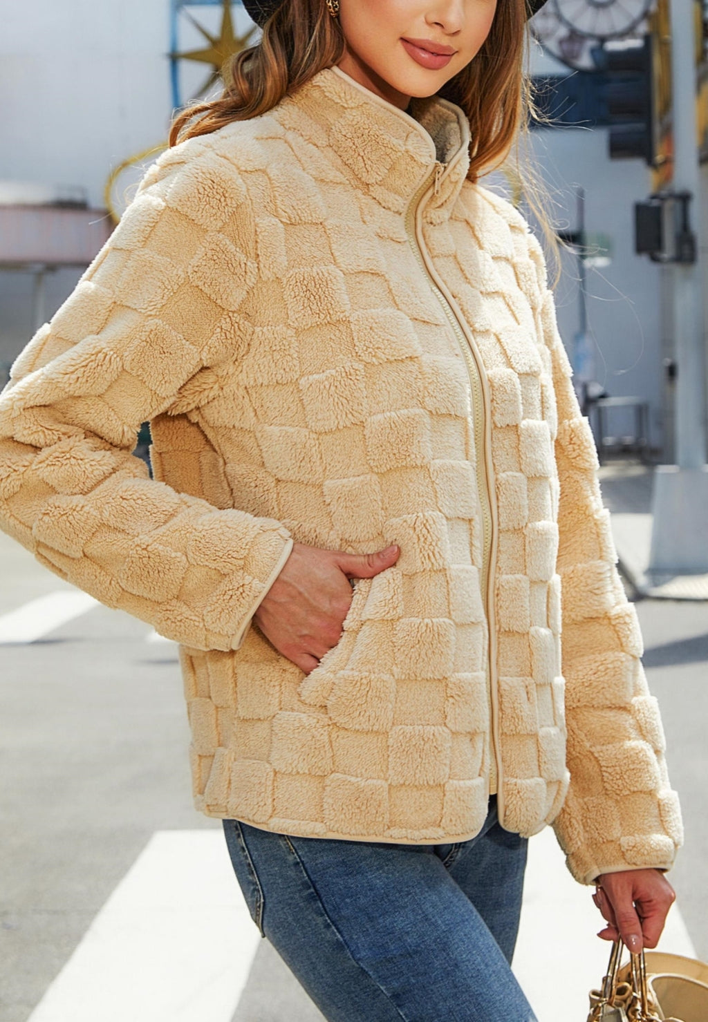Chaqueta afelpada con estampado de cuadros