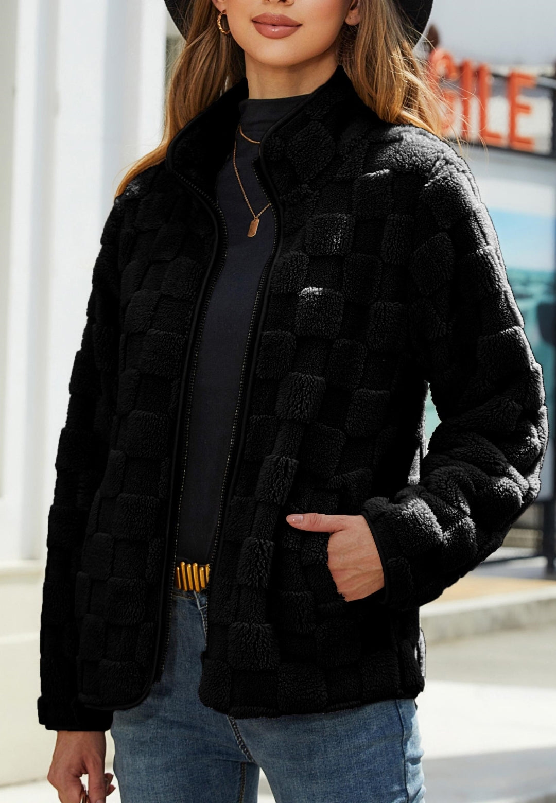Checkered Pattern Fuzzy Jacket