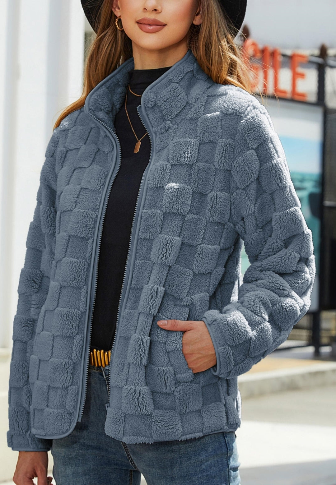 Checkered Pattern Fuzzy Jacket