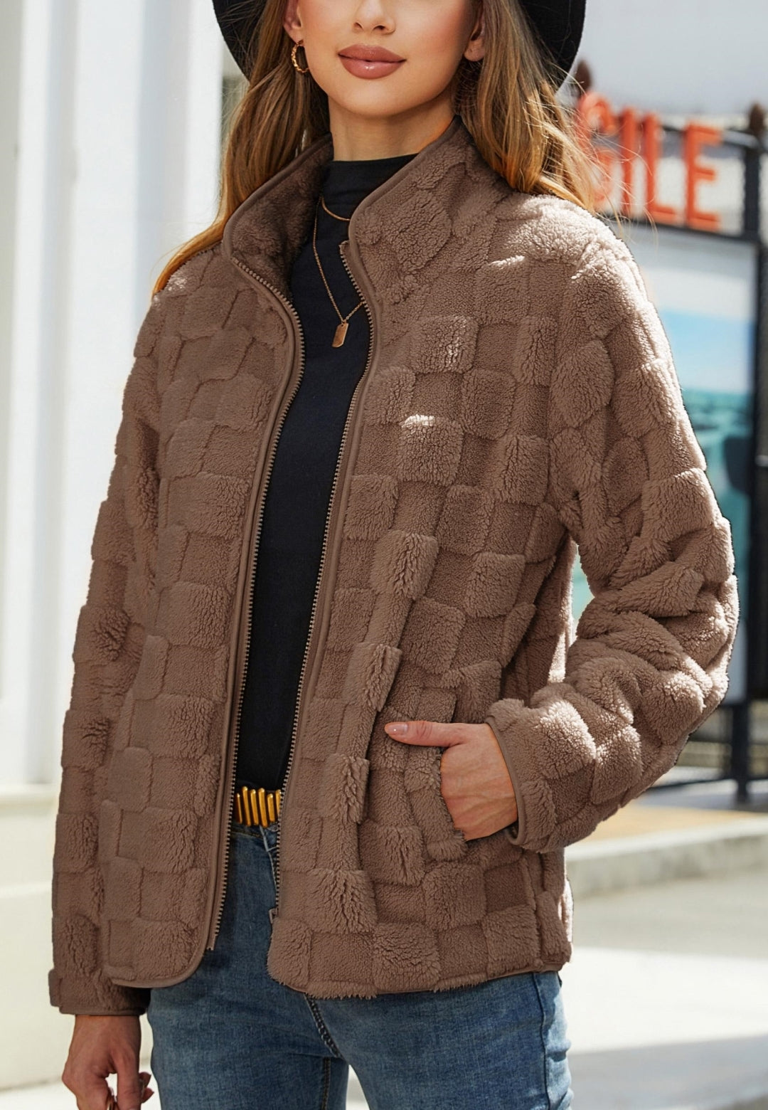Checkered Pattern Fuzzy Jacket