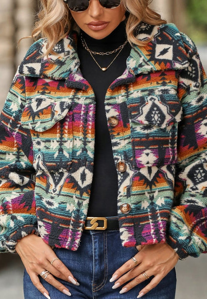 Multicolor Aztec Print Collared Jacket