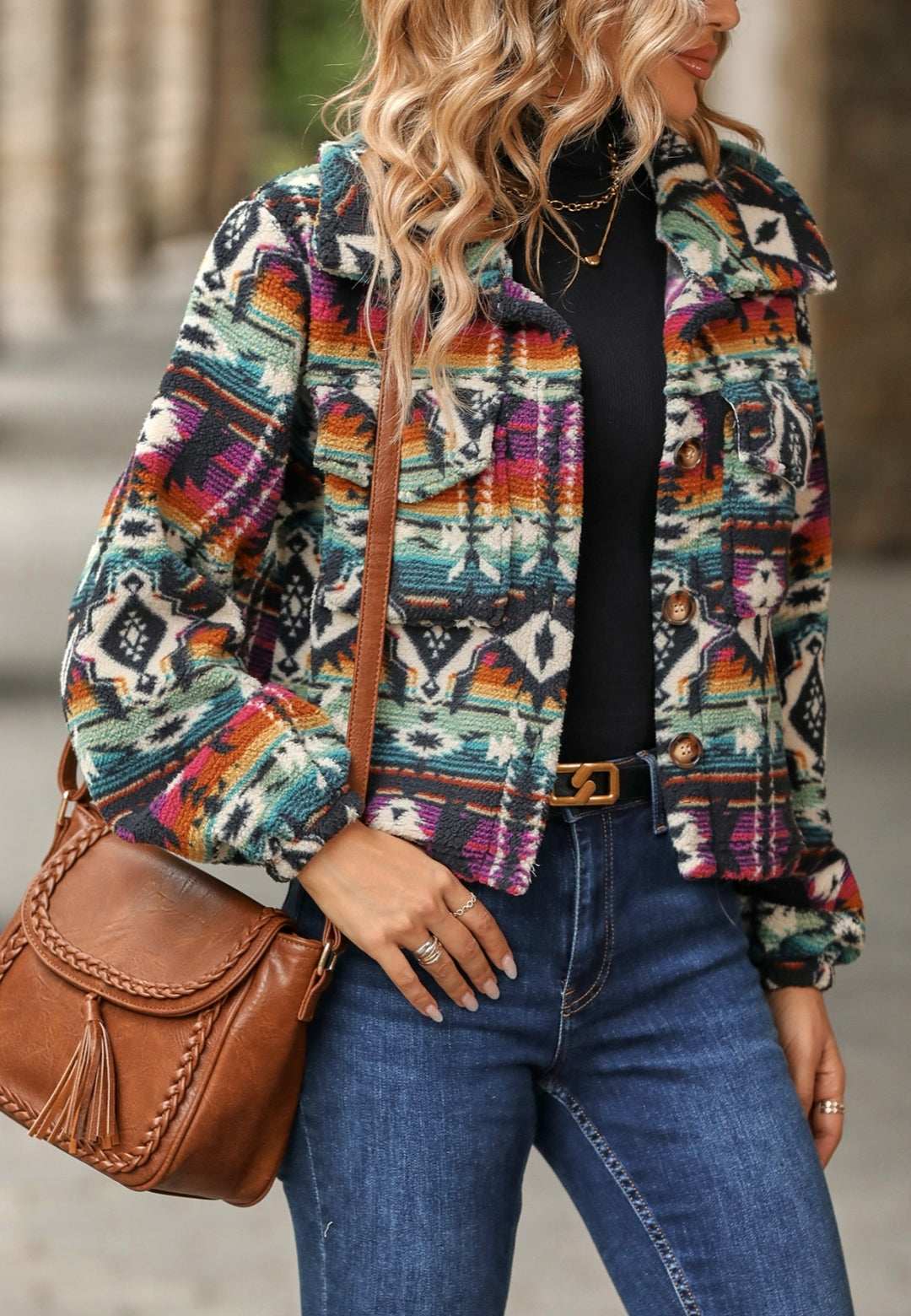Multicolor Aztec Print Collared Jacket