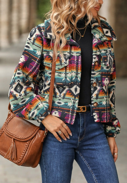 Multicolor Aztec Print Collared Jacket