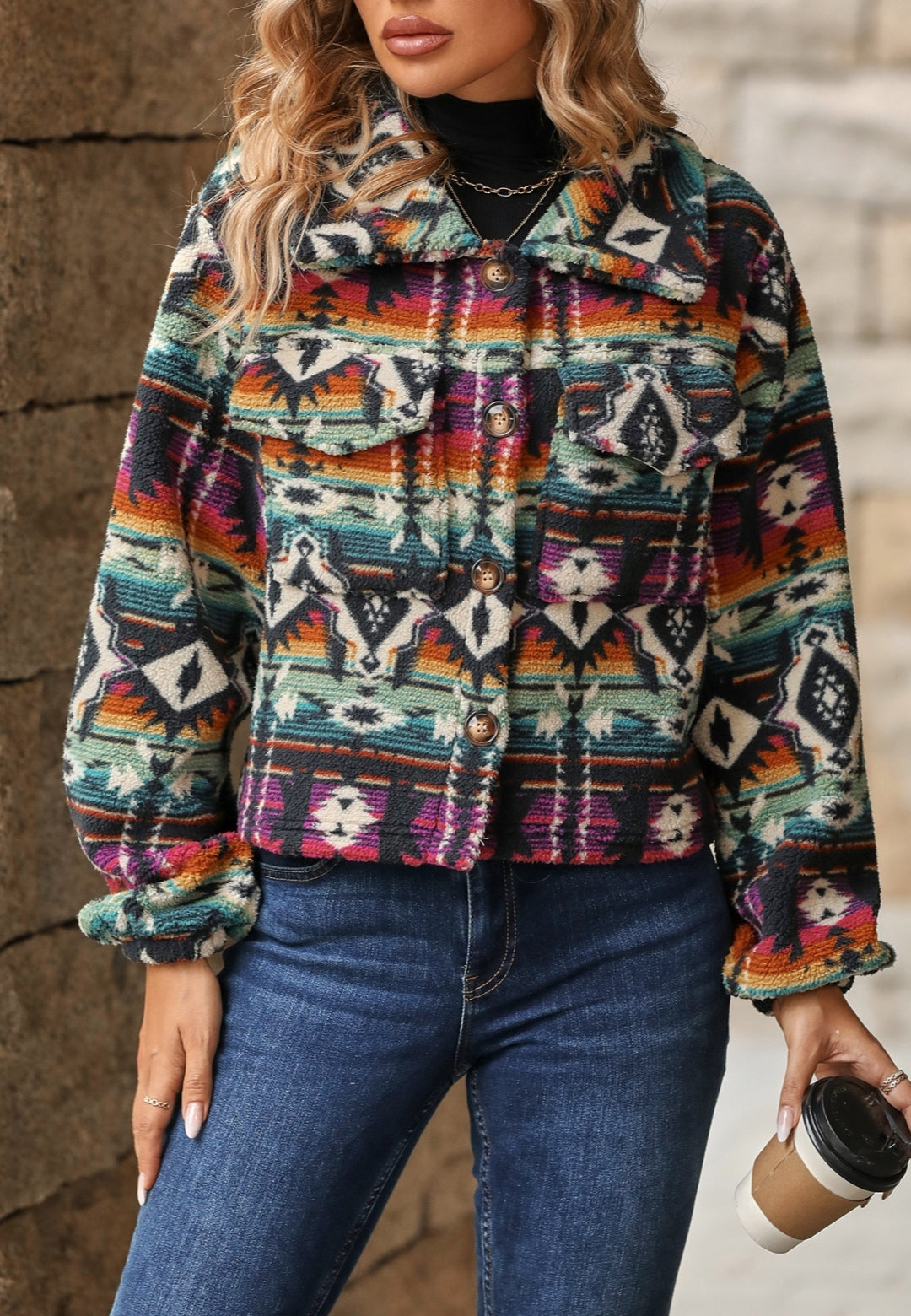 Multicolor Aztec Print Collared Jacket