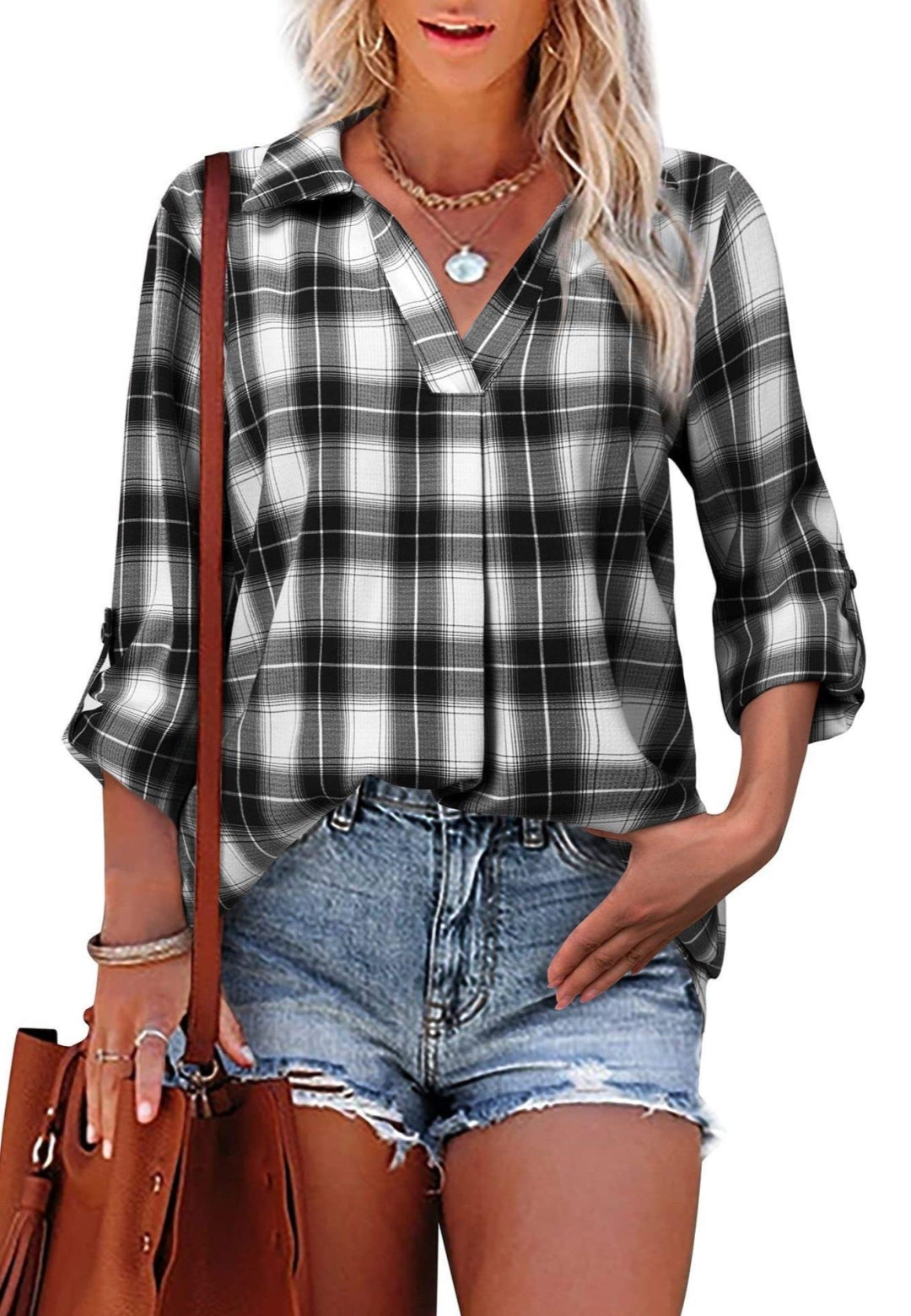 Camisa a cuadros con solapa enrollable