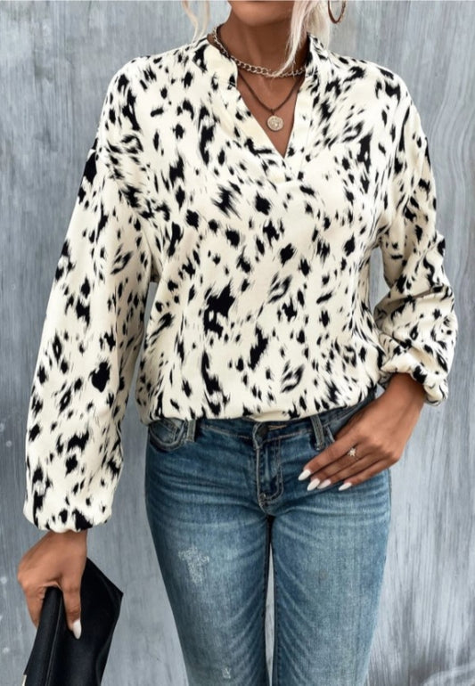 Stand Collar Abstract Print Blouse