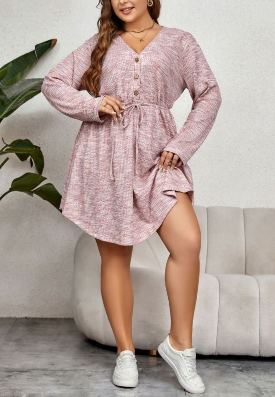 Vestido de punto jaspeado con escote en V grande