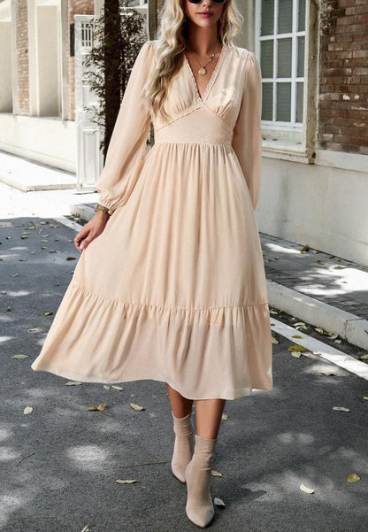 Lace Trim V Neck Midi Dress