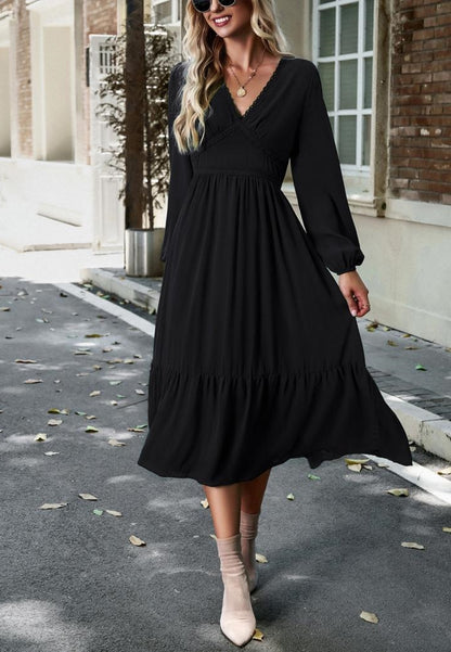 Lace Trim V Neck Midi Dress