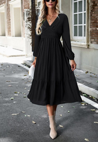 Lace Trim V Neck Midi Dress