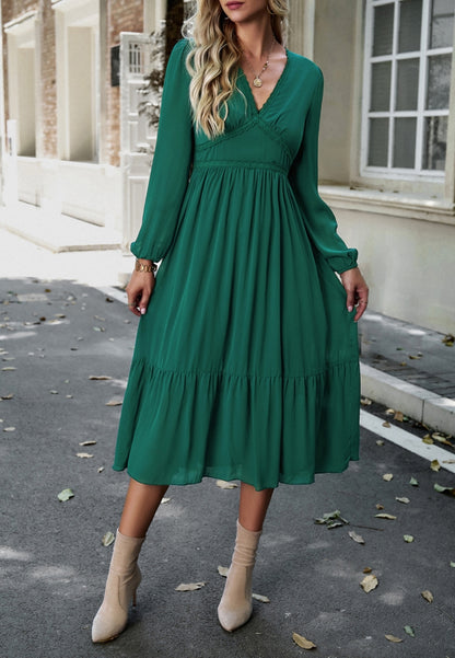 Lace Trim V Neck Midi Dress