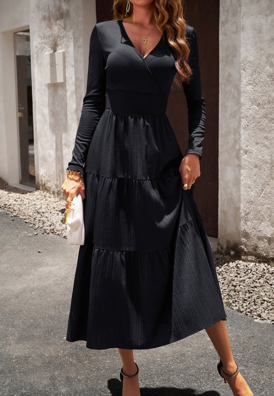 Surplice Neck Pleated Tiered Dress