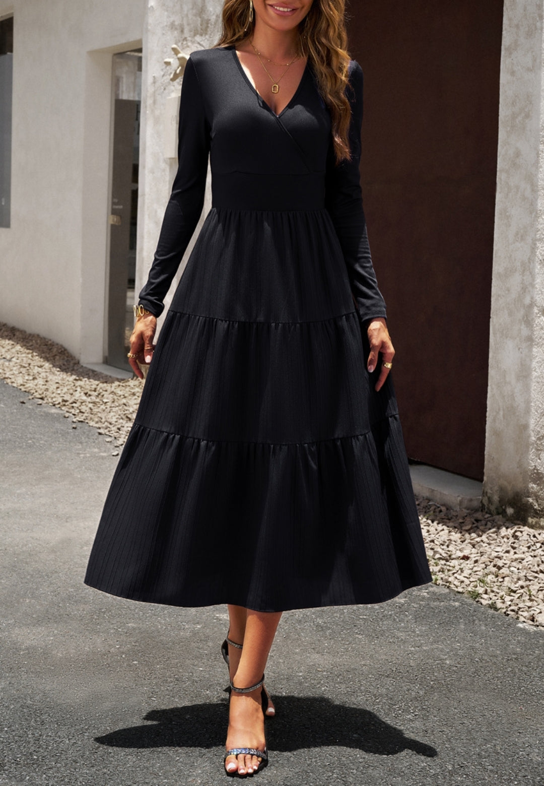 Surplice Neck Pleated Tiered Dress