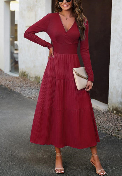 Surplice Neck Pleated Tiered Dress