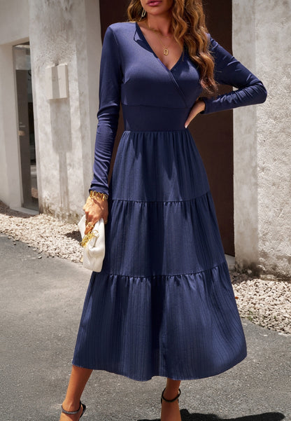 Surplice Neck Pleated Tiered Dress