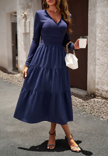 Surplice Neck Pleated Tiered Dress