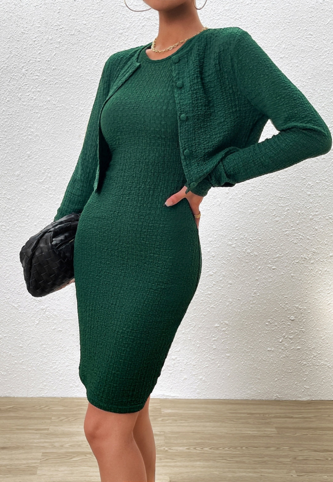 Conjunto de cárdigan y vestido texturizados