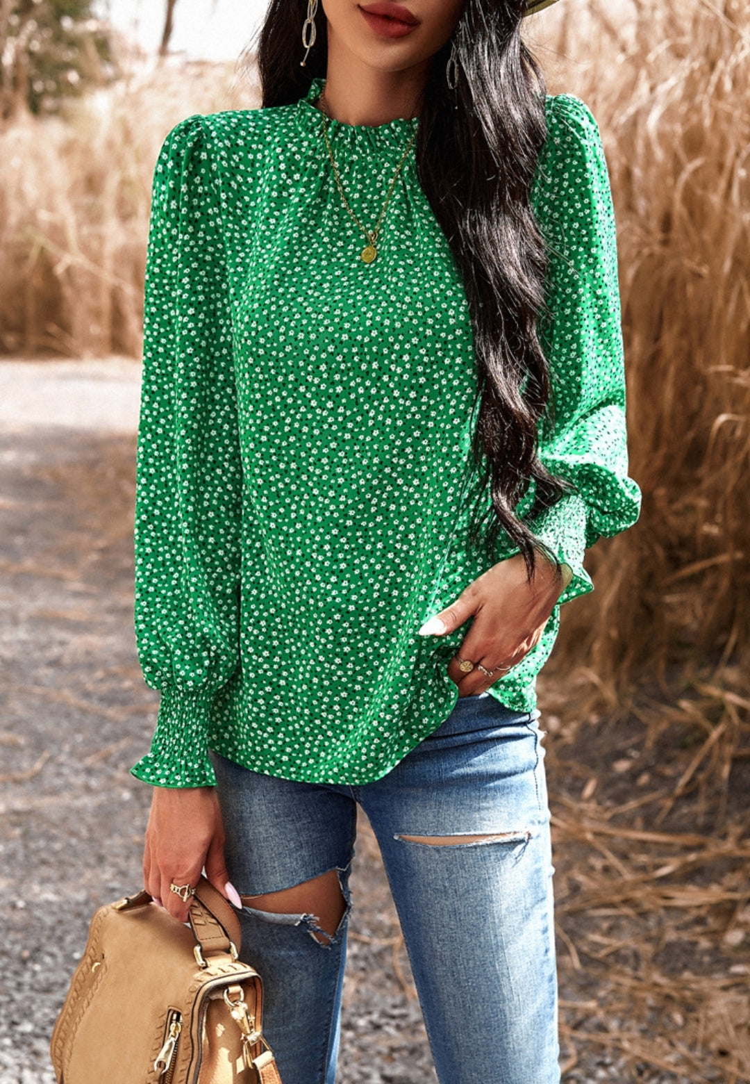 Ruffle Neck Floral Print Long Sleeve Classic Blouse for Women – Anna-Kaci