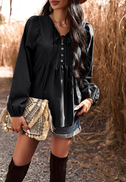 Double Tie Neck Button Blouse