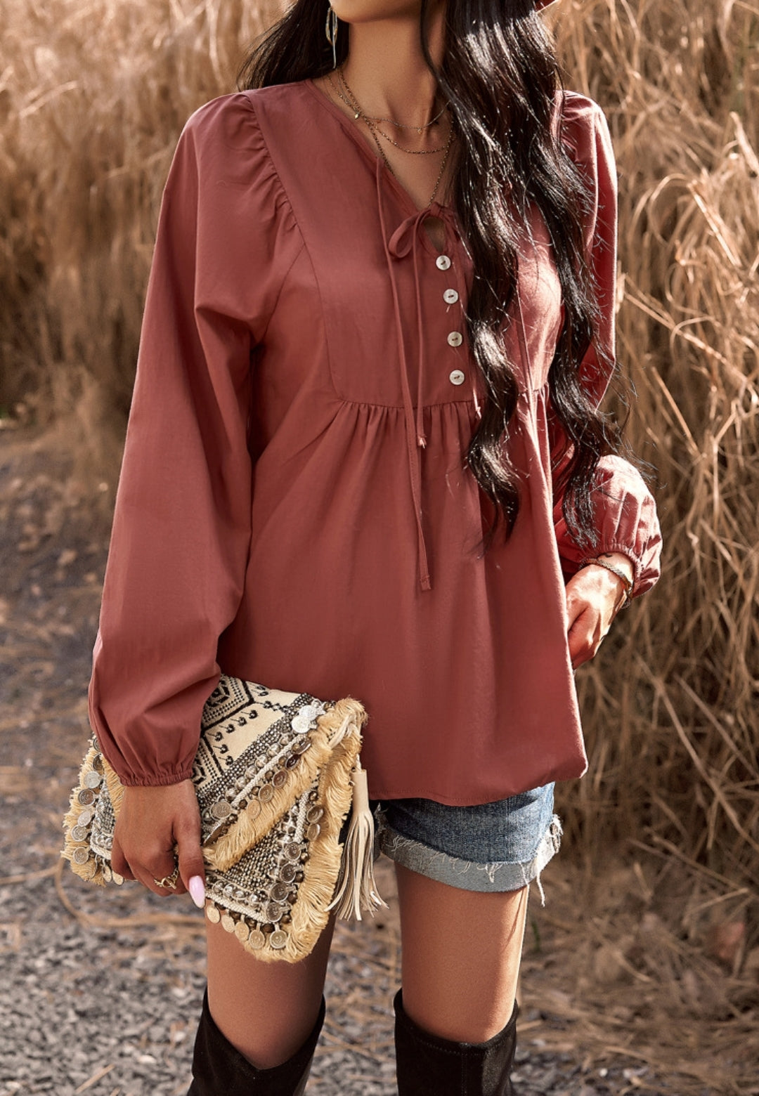 Double Tie Neck Button Blouse