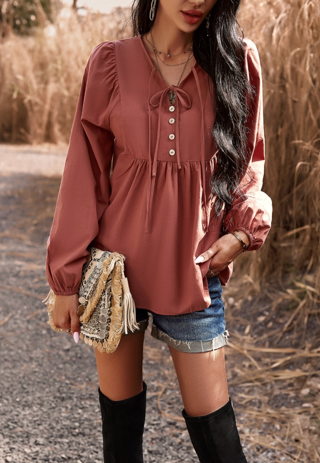 Double Tie Neck Button Blouse