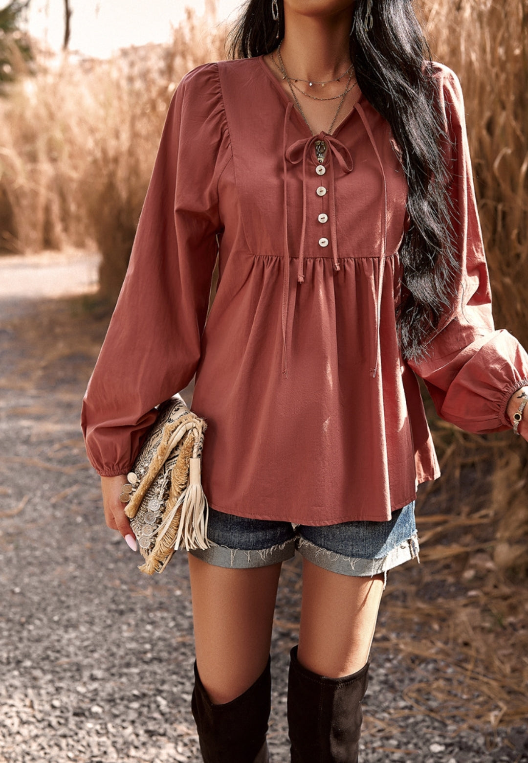 Double Tie Neck Button Blouse