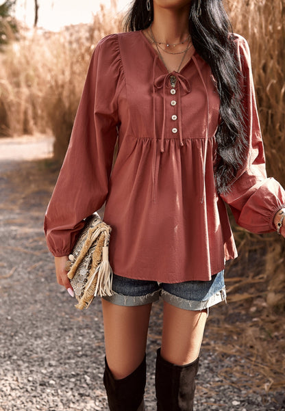 Double Tie Neck Button Blouse