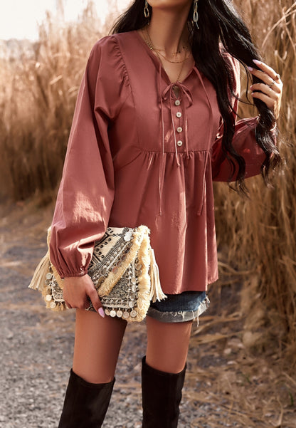 Double Tie Neck Button Blouse