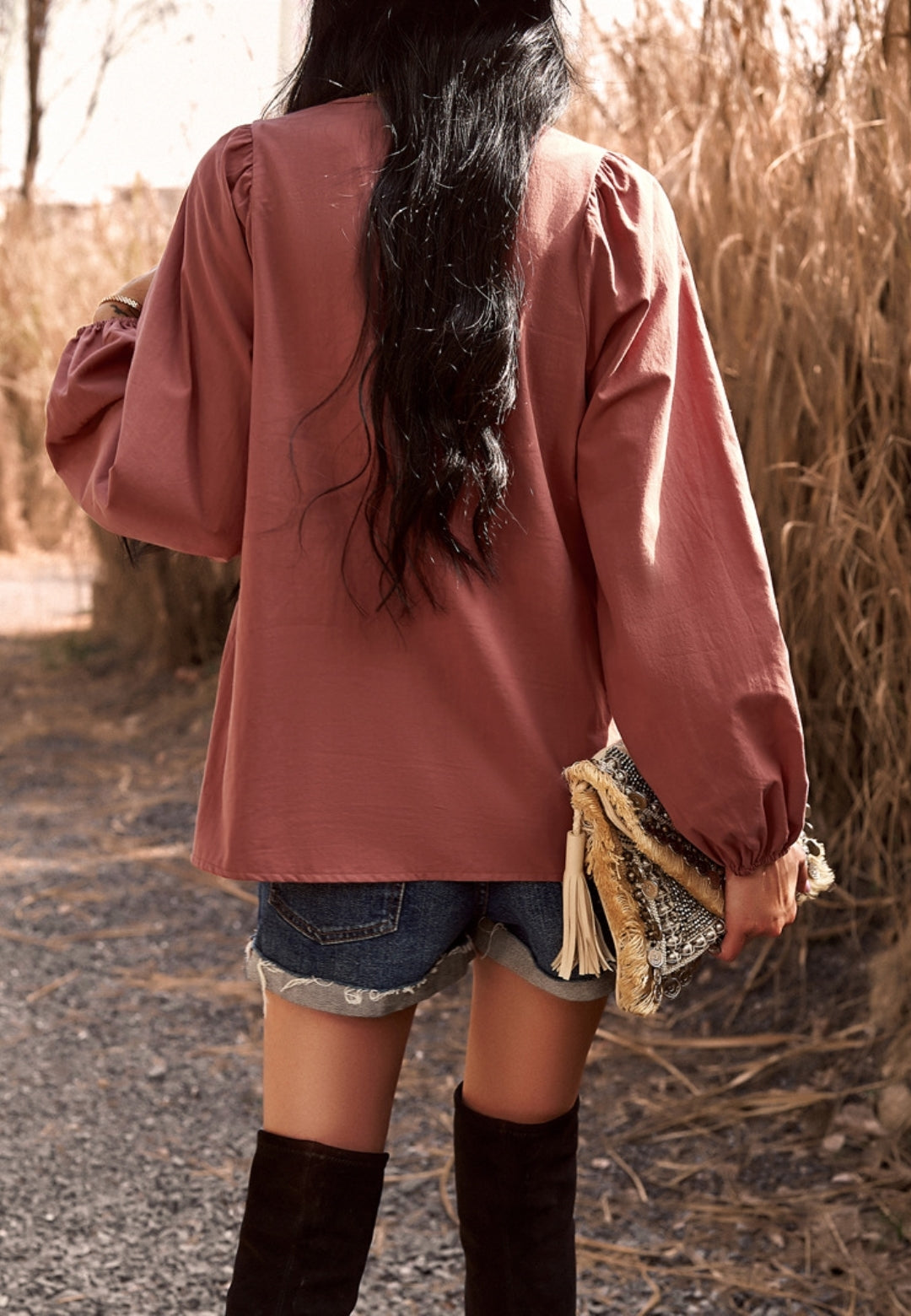 Double Tie Neck Button Blouse