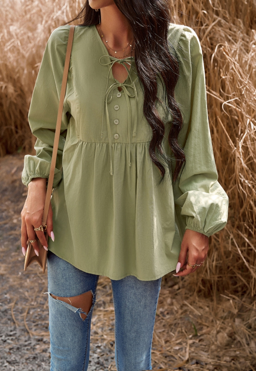 Double Tie Neck Button Blouse