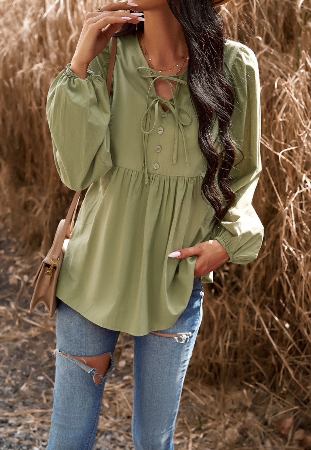 Double Tie Neck Button Blouse