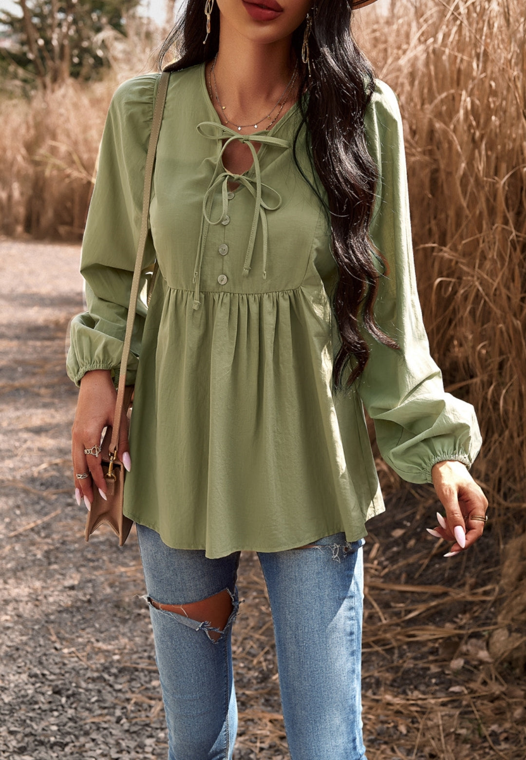 Double Tie Neck Button Blouse