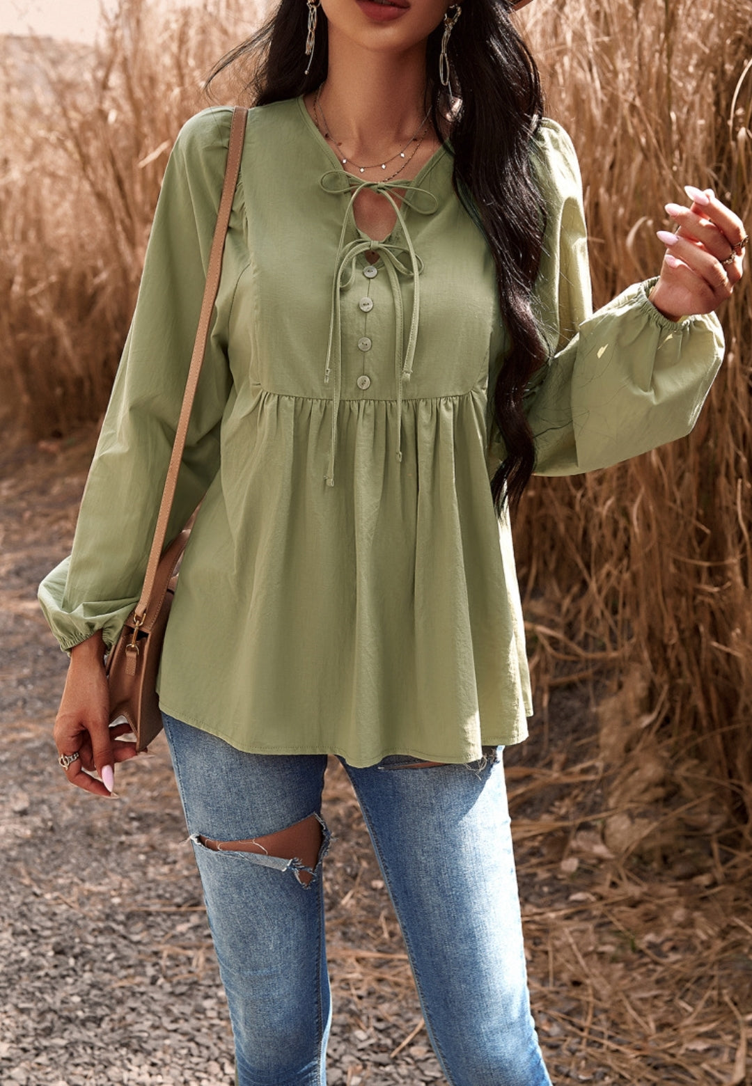 Double Tie Neck Button Blouse
