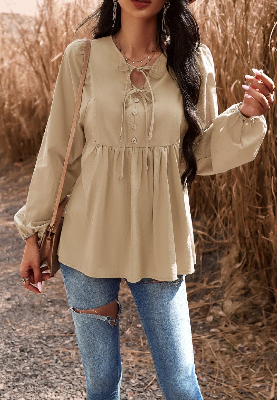 Double Tie Neck Button Blouse