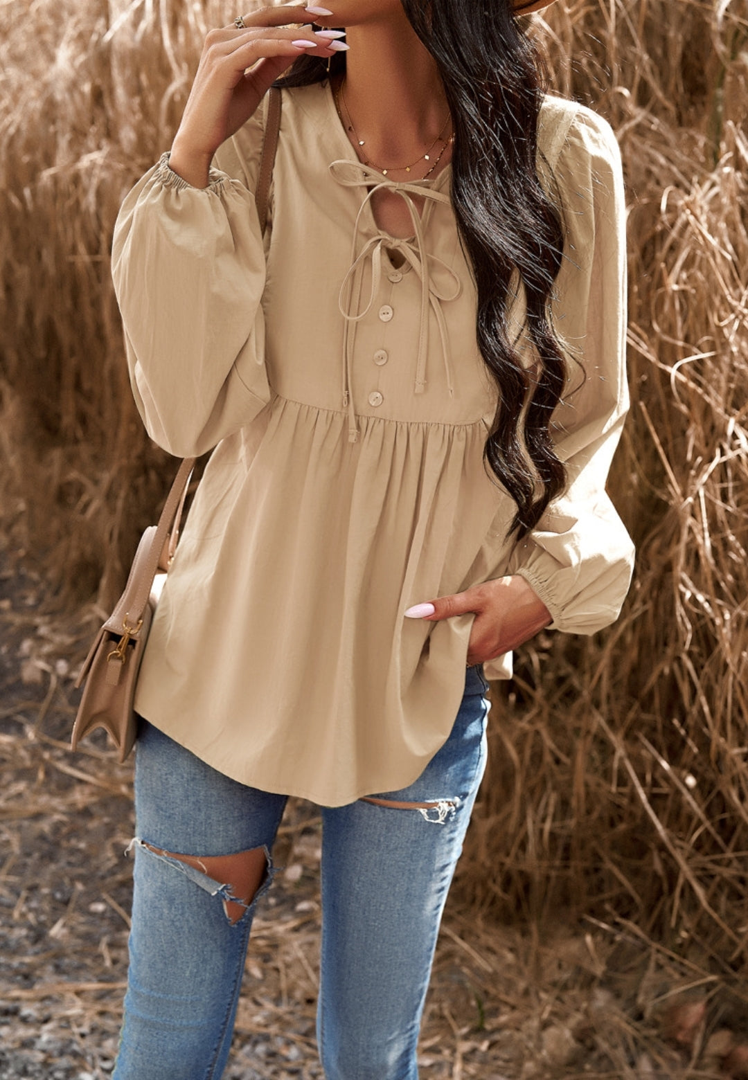 Double Tie Neck Button Blouse
