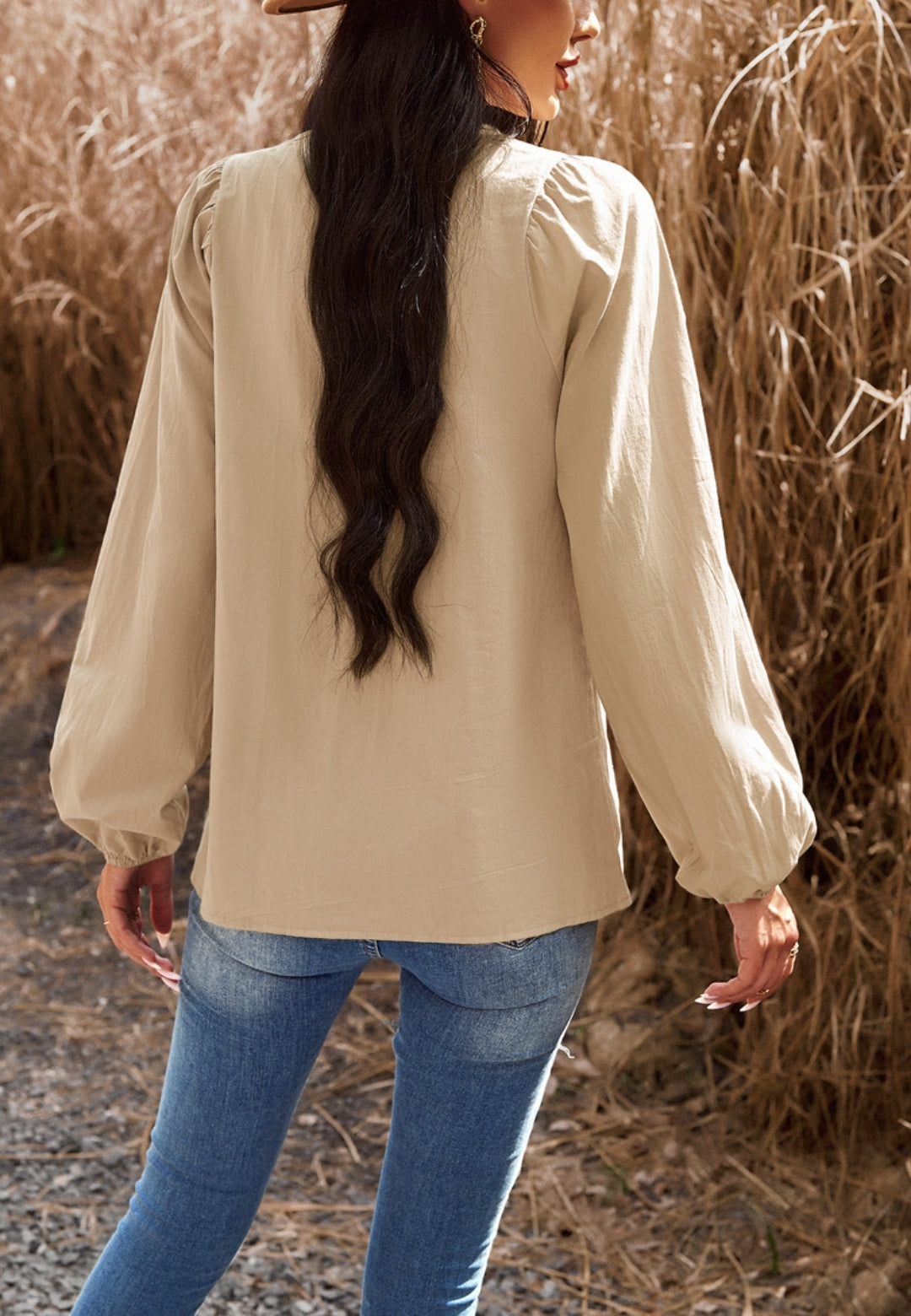 Double Tie Neck Button Blouse